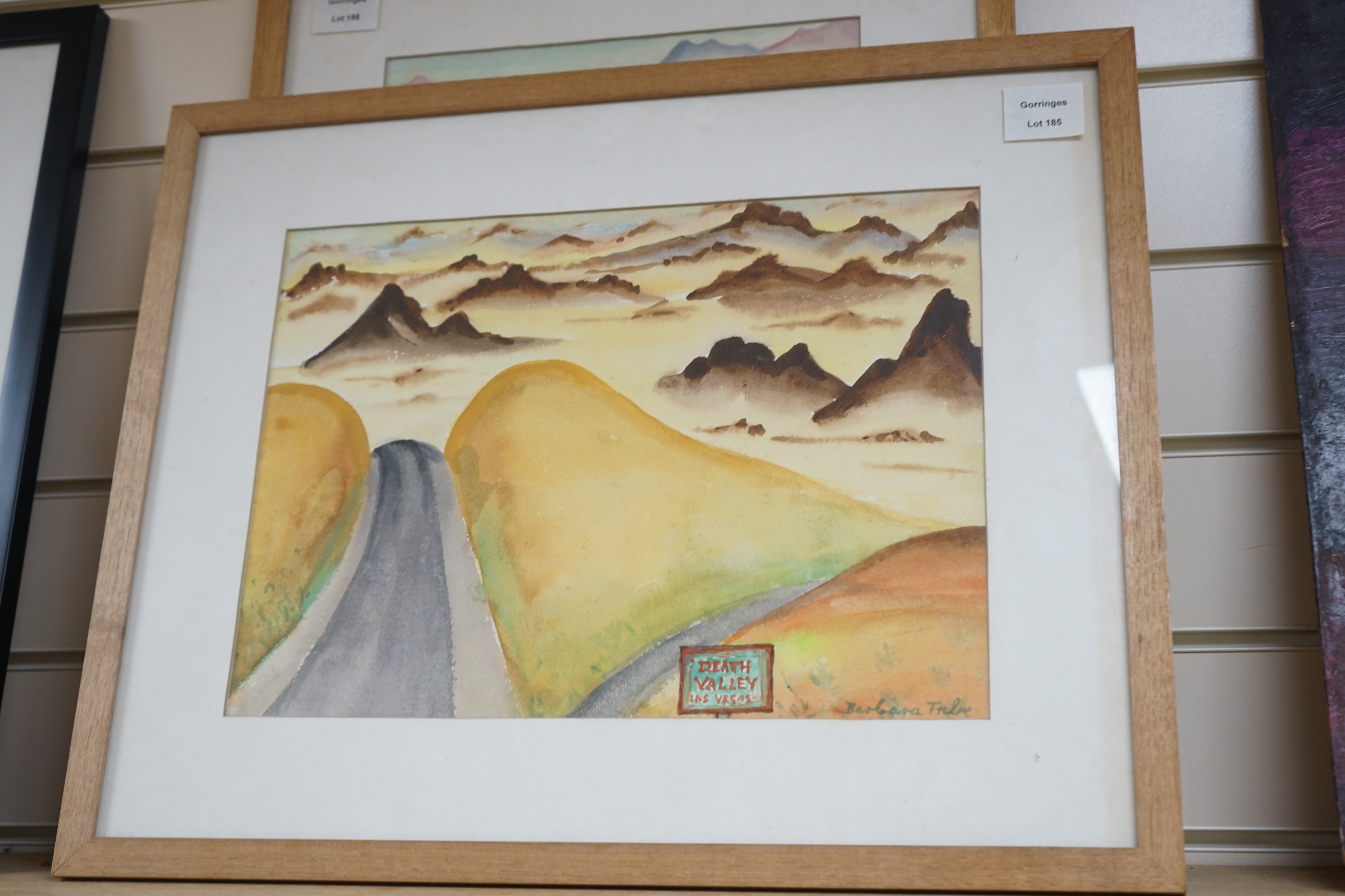 Barbara Tribe (1913-2000), two watercolours, ‘Old Calico Ghost town’ and ‘Death Valley, Mojave Desert, Nevada’, each signed, inscribed labels verso, 27 x 37cm. Condition - fair, would benefit from a clean